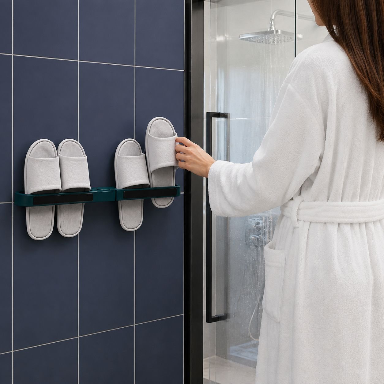 Space-saving punch-free wall rack for bathroom slippers
