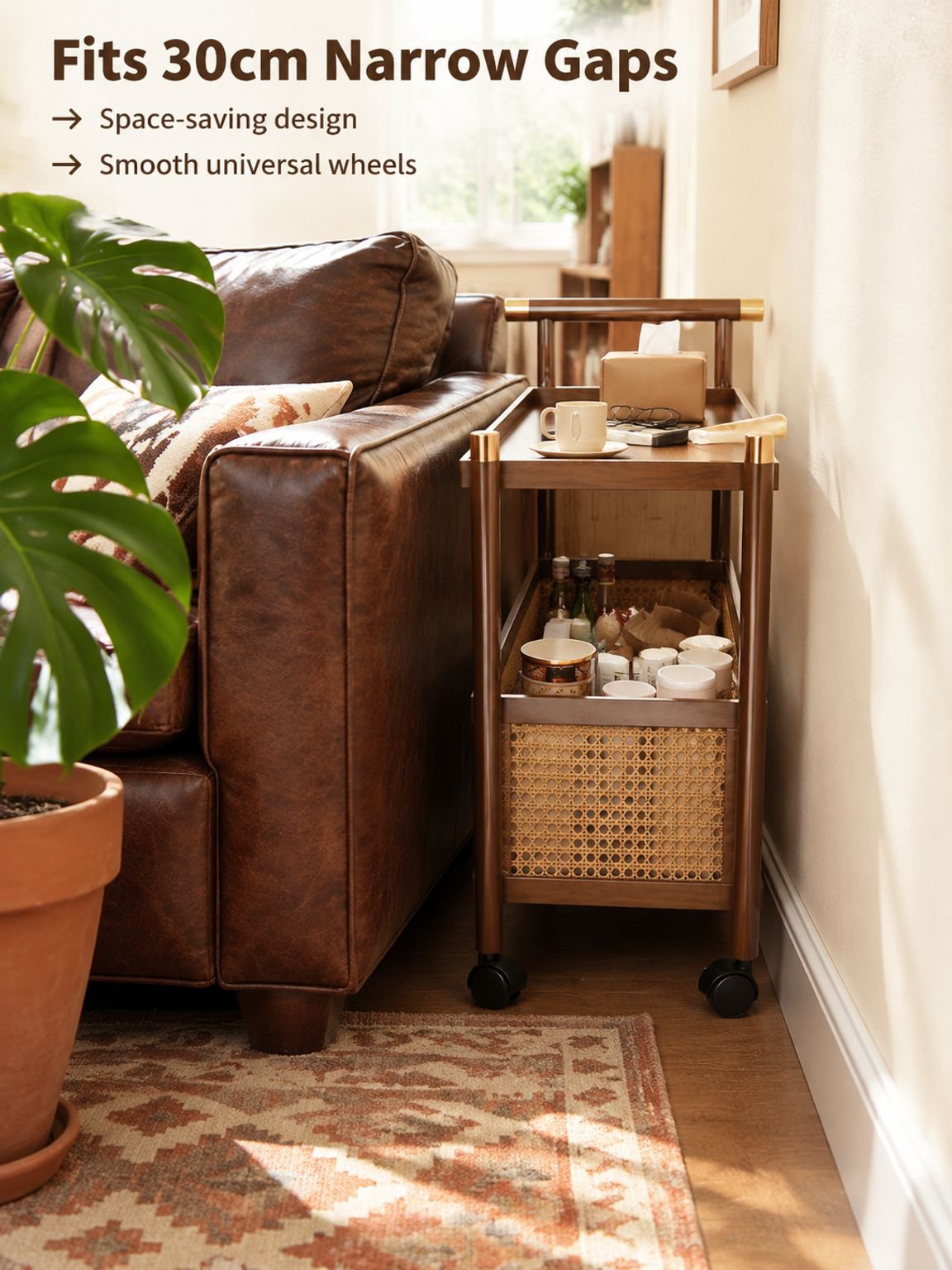 Compact side table with wheels for small spaces