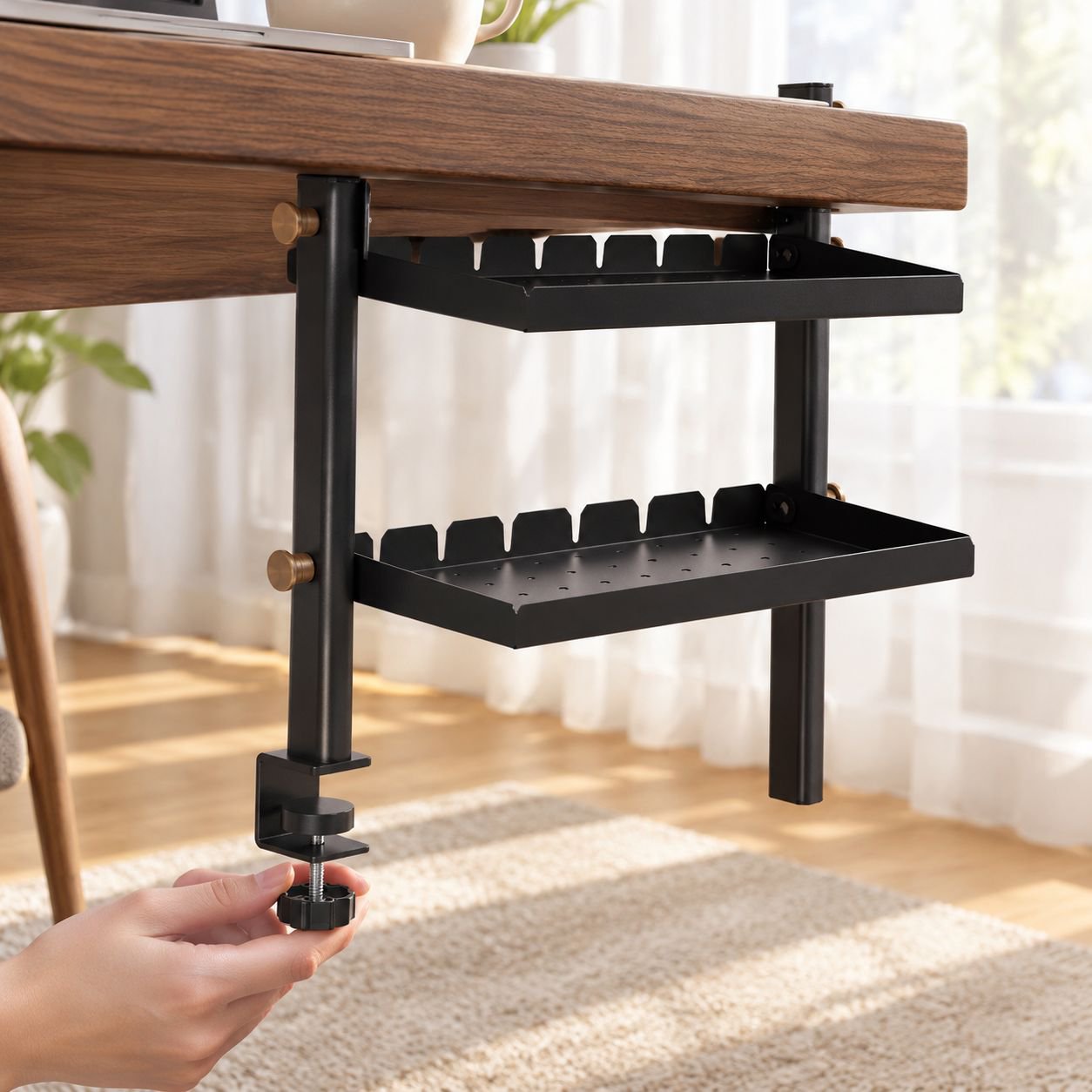 JMY - Desktop Clip-on Double-Layer Shelf, No-Drill Desk Storage Rack, Foldable Tray, Pegboard/Hangin