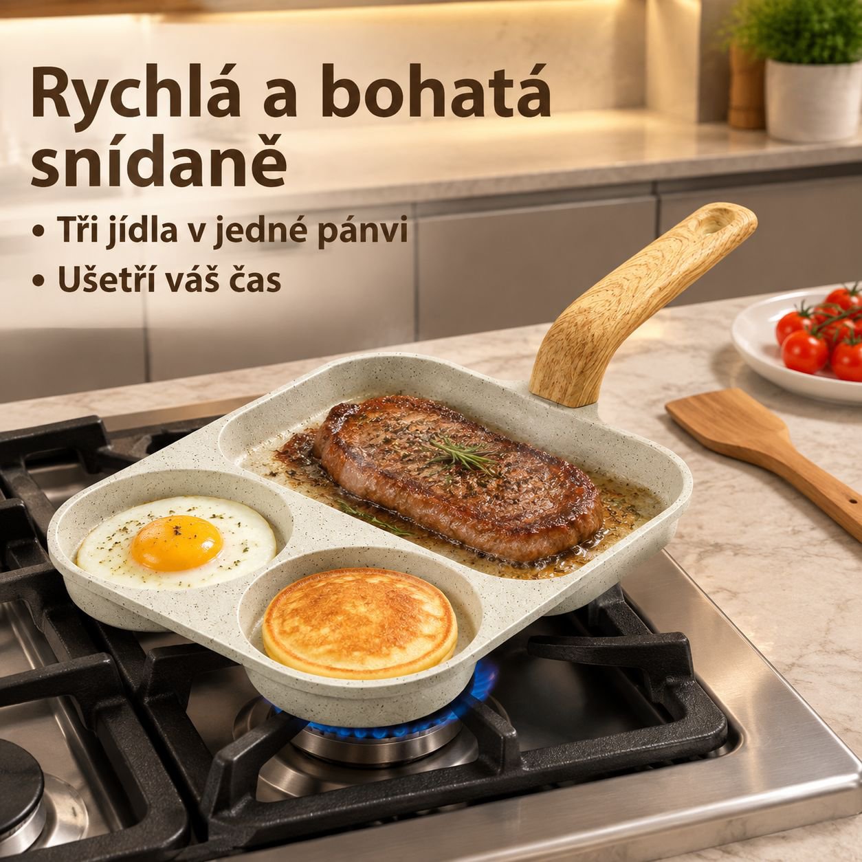 Nepřilnavá dělená snídaňová pánev 3v1 na volská oka, lívance, hamburgery a steaky