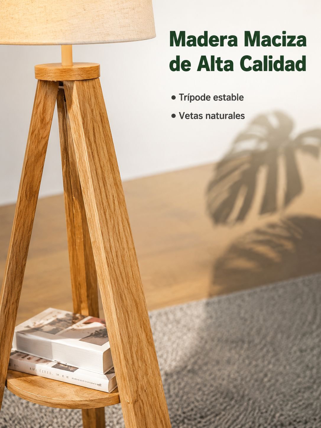 Lámpara de pie de salón con trípode de madera maciza
