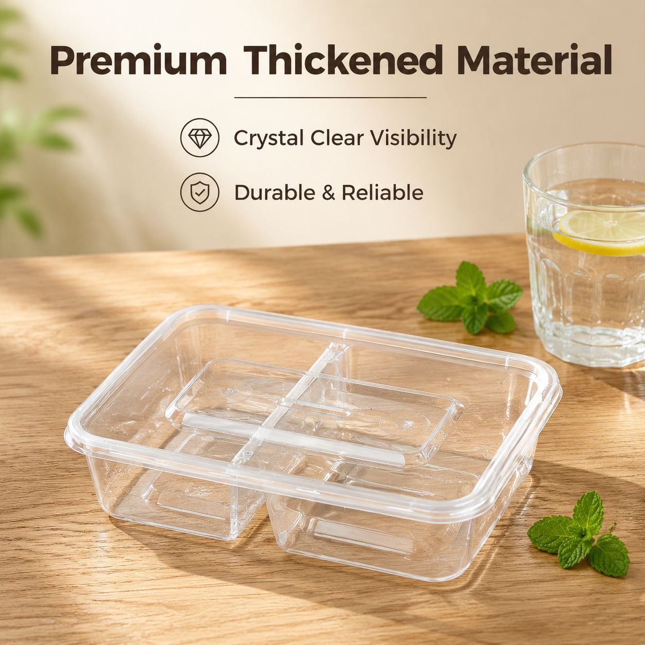 Disposable rectangular transparent compartmentalized lunch box