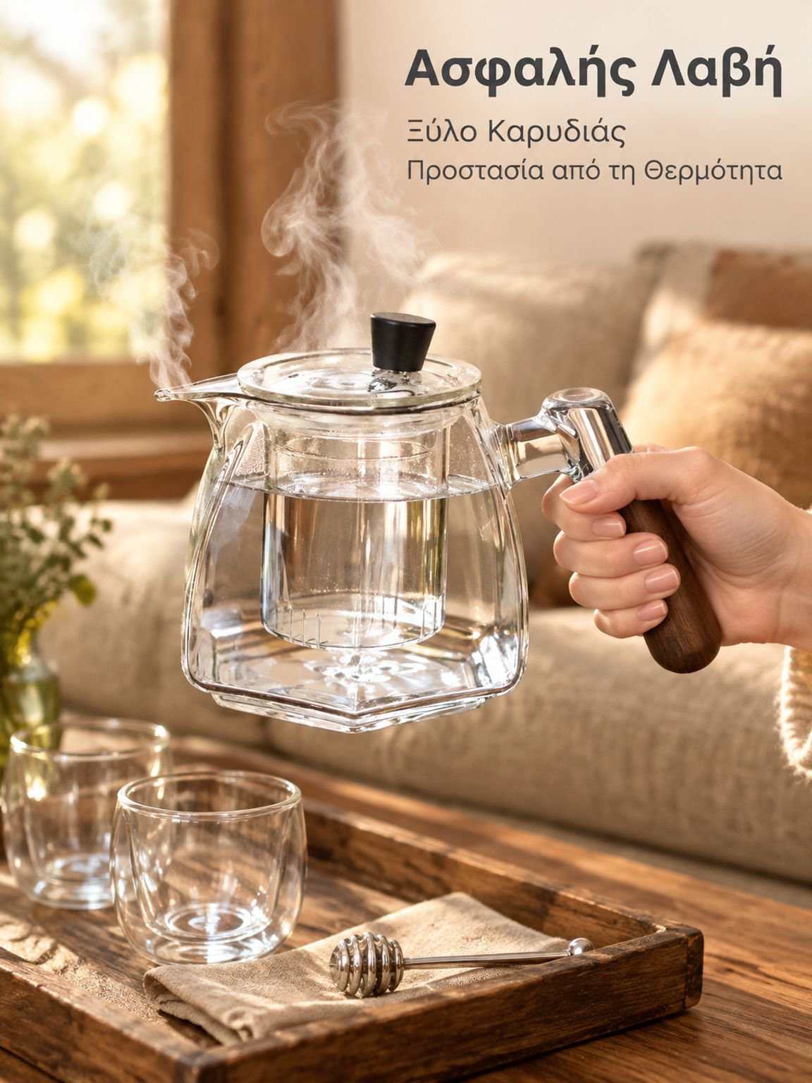 Γυάλινη τσαγιέρα με ξύλινη λαβή