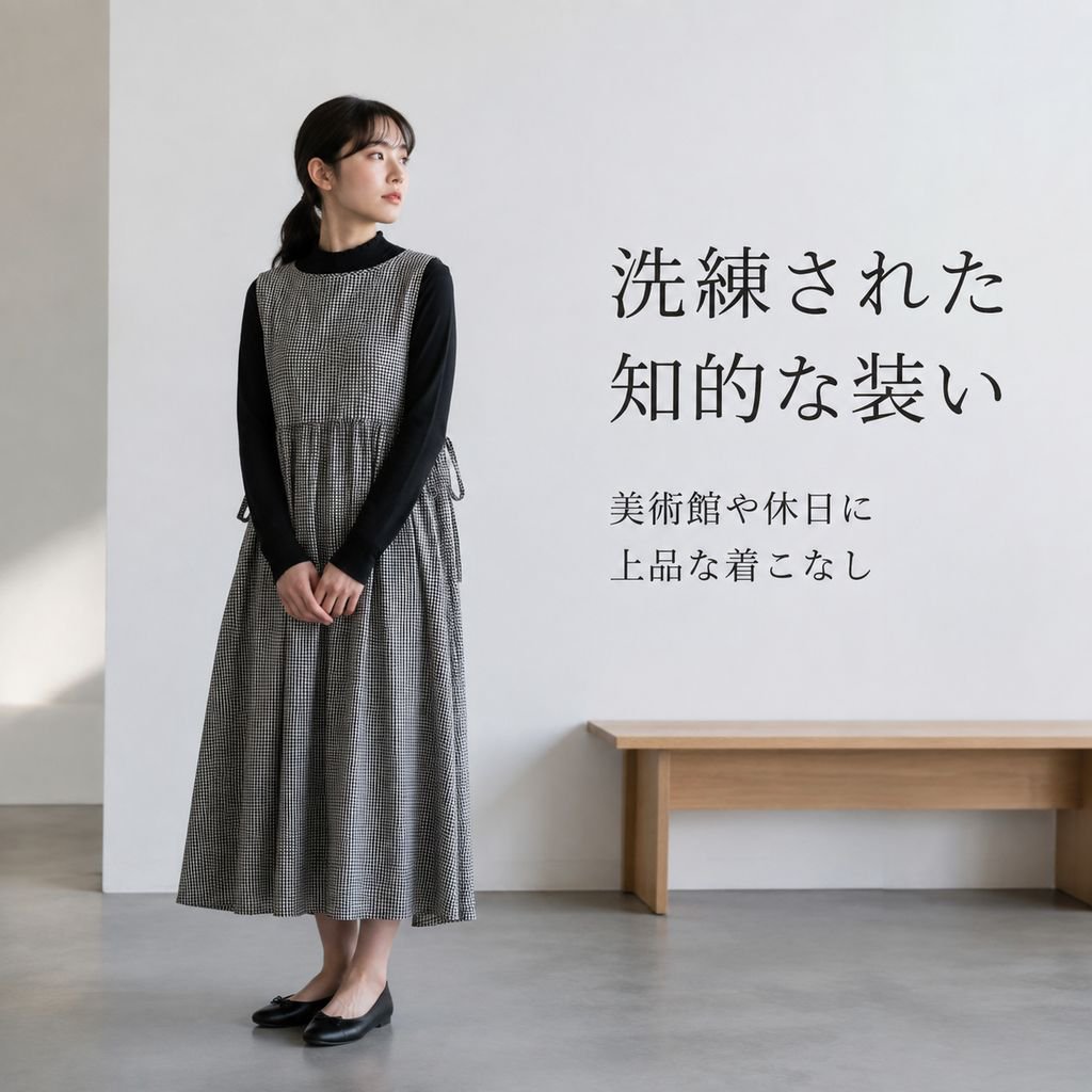 文芸風綿麻チェックワンピース