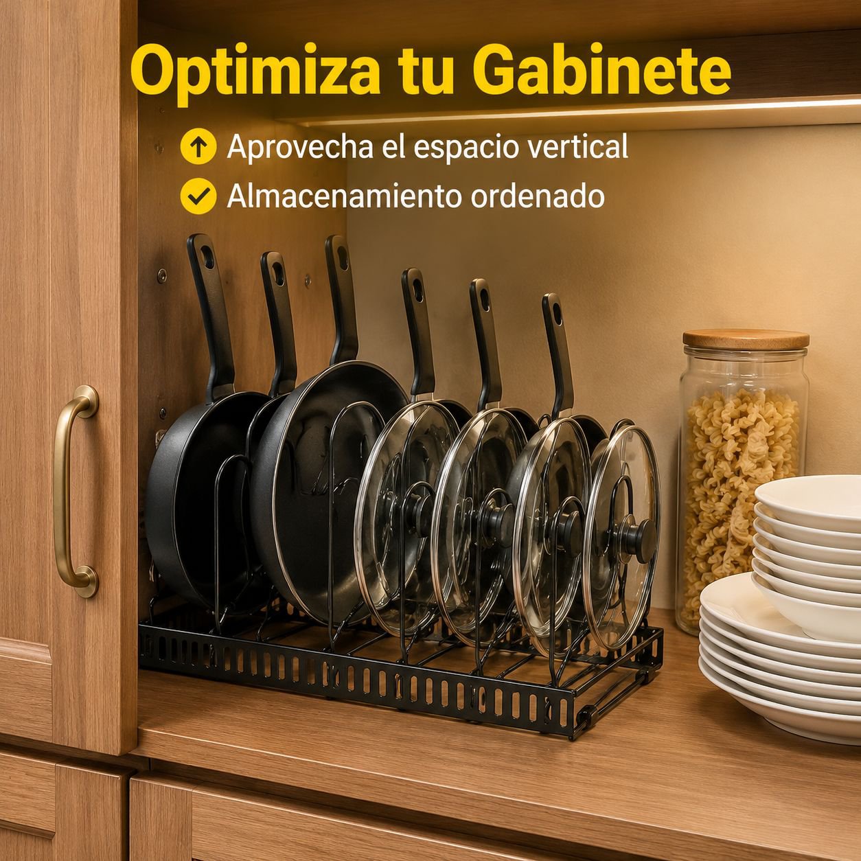 Estante organizador ajustable para sartenes y tapas, multifuncional