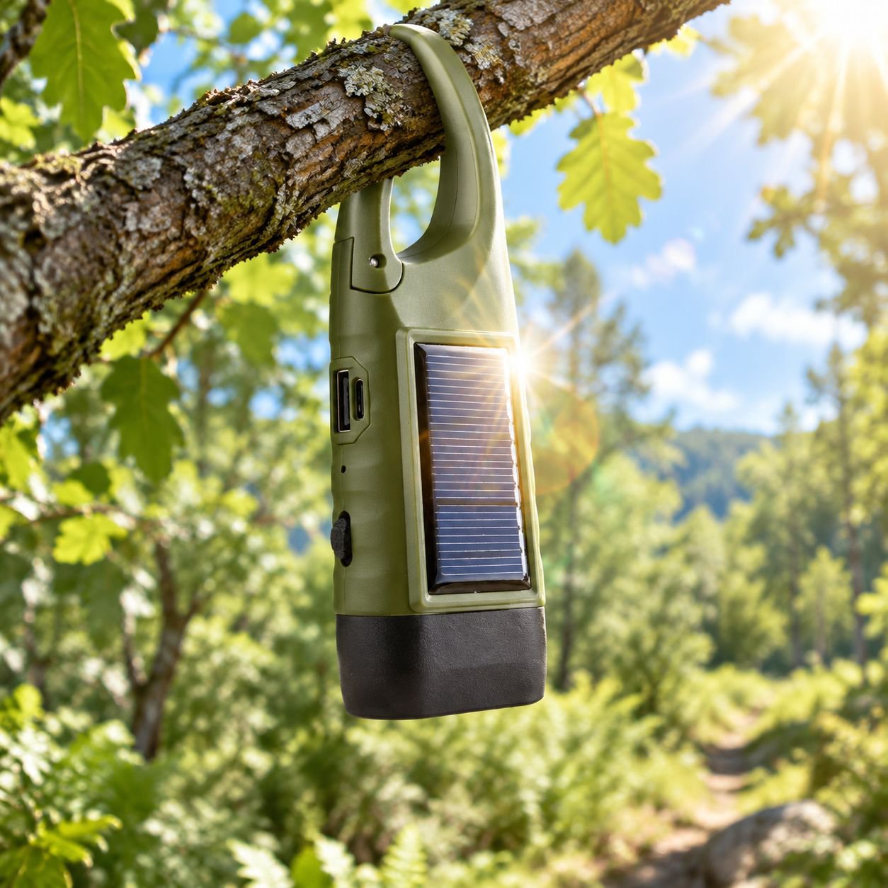 Solar powered flashlight for hiking and emergencies
