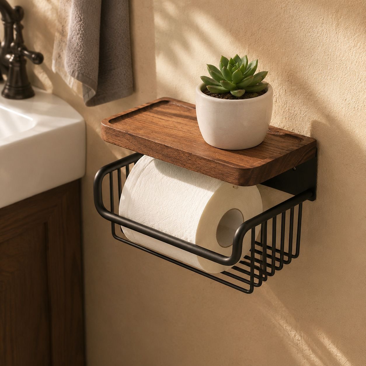 Antique Walnut Wall Mounted Toilet Paper Holder with Drawer, No Drilling