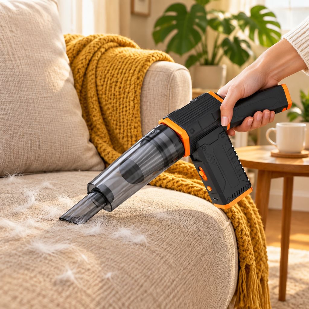 Multifunctional wireless car vacuum cleaner in use inside a car