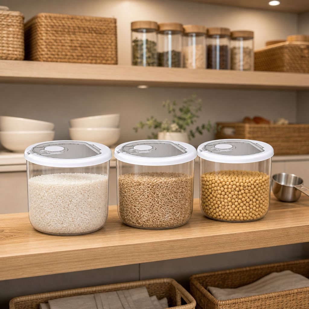 Durable plastic rice container for pantry storage