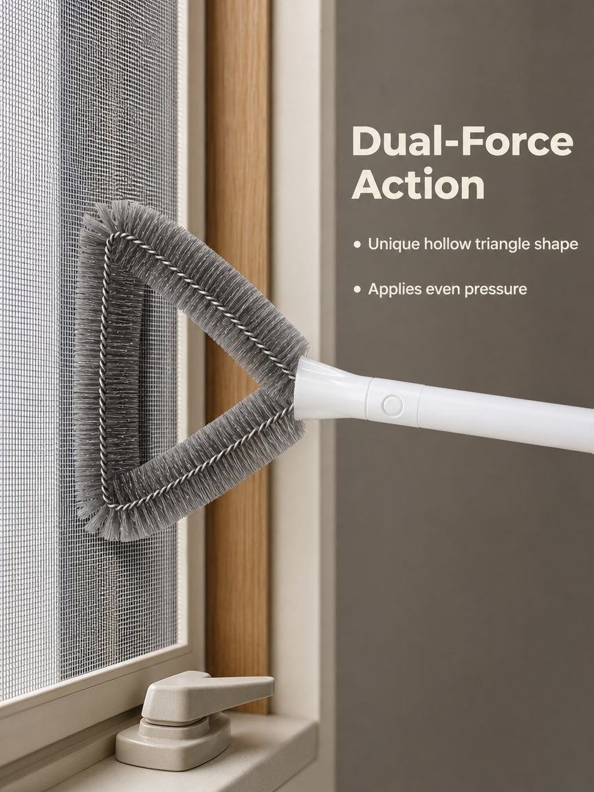 Close-up of soft bristles on window screen cleaning brush