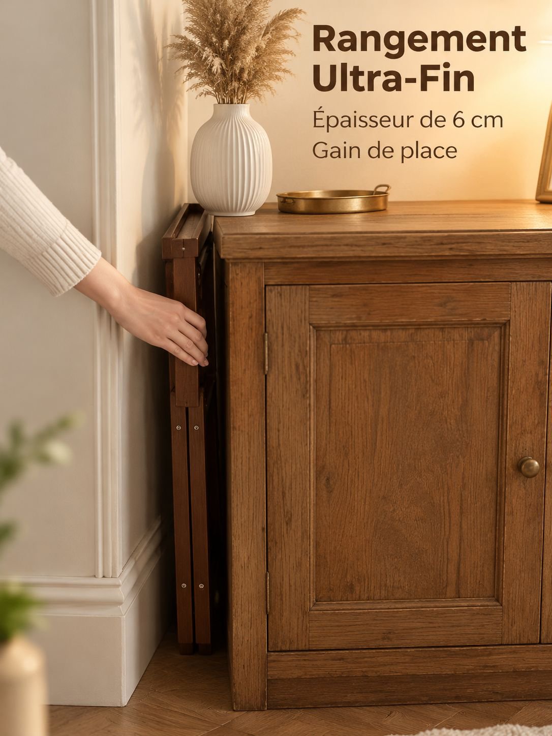 Vue détaillée de la table basse pliante avec rangement