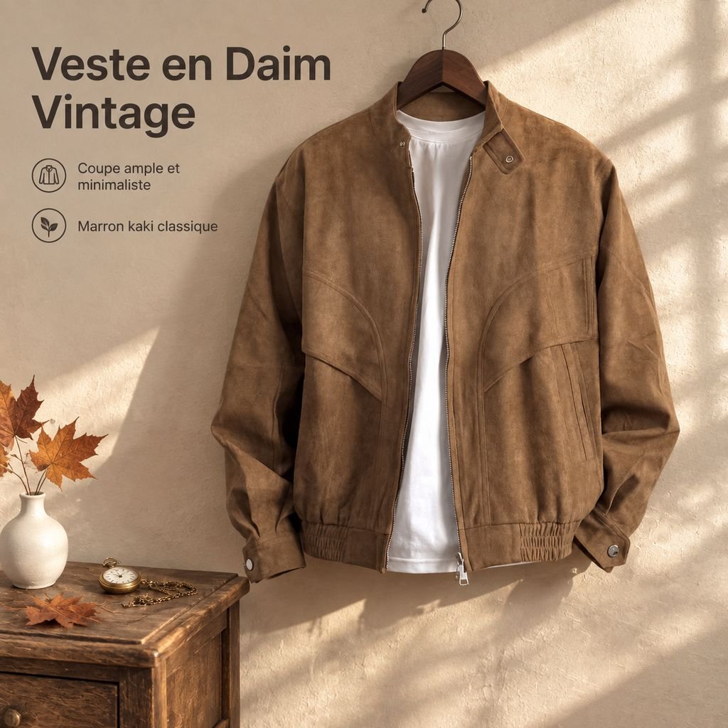 Blouson en suédine vintage à col montant pour homme, automne
