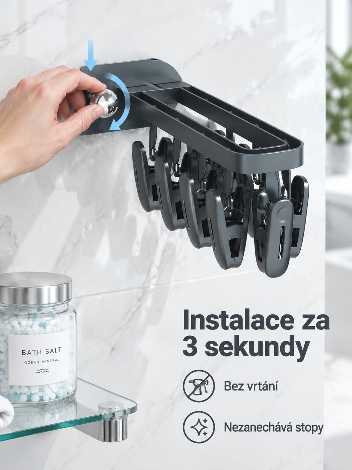 Skládací věšák na oblečení s přísavkou na skleněné okno