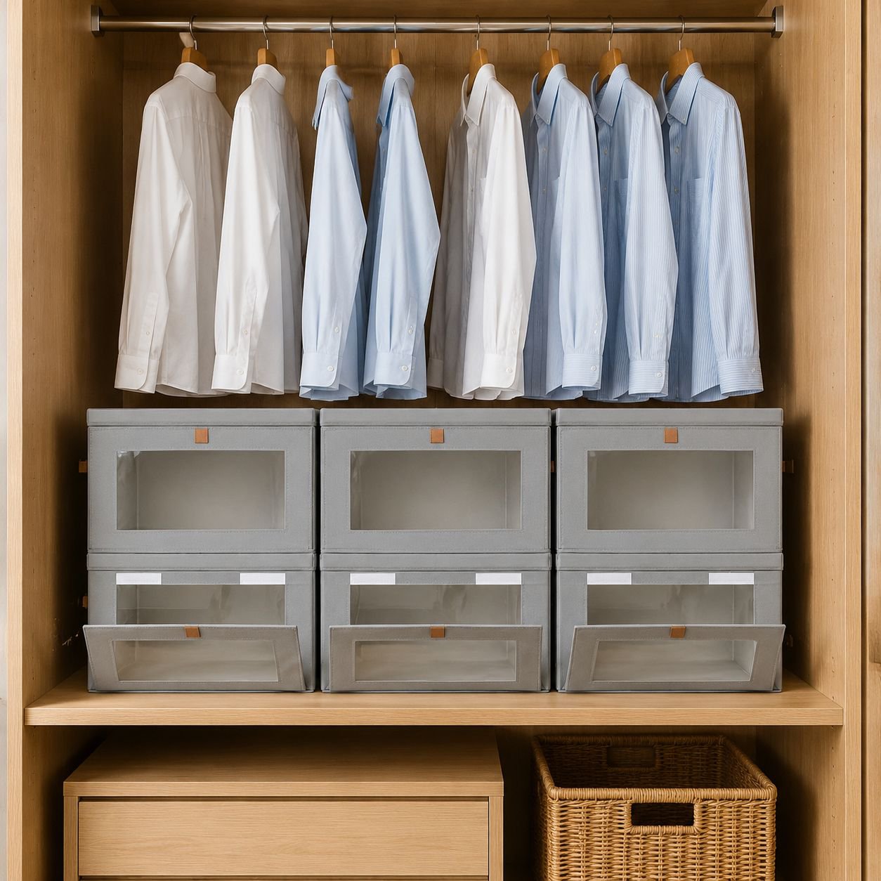 Seitlich öffnender Kleiderorganizer mit Klappdeckel und Sichtfenster für den Kleiderschrank