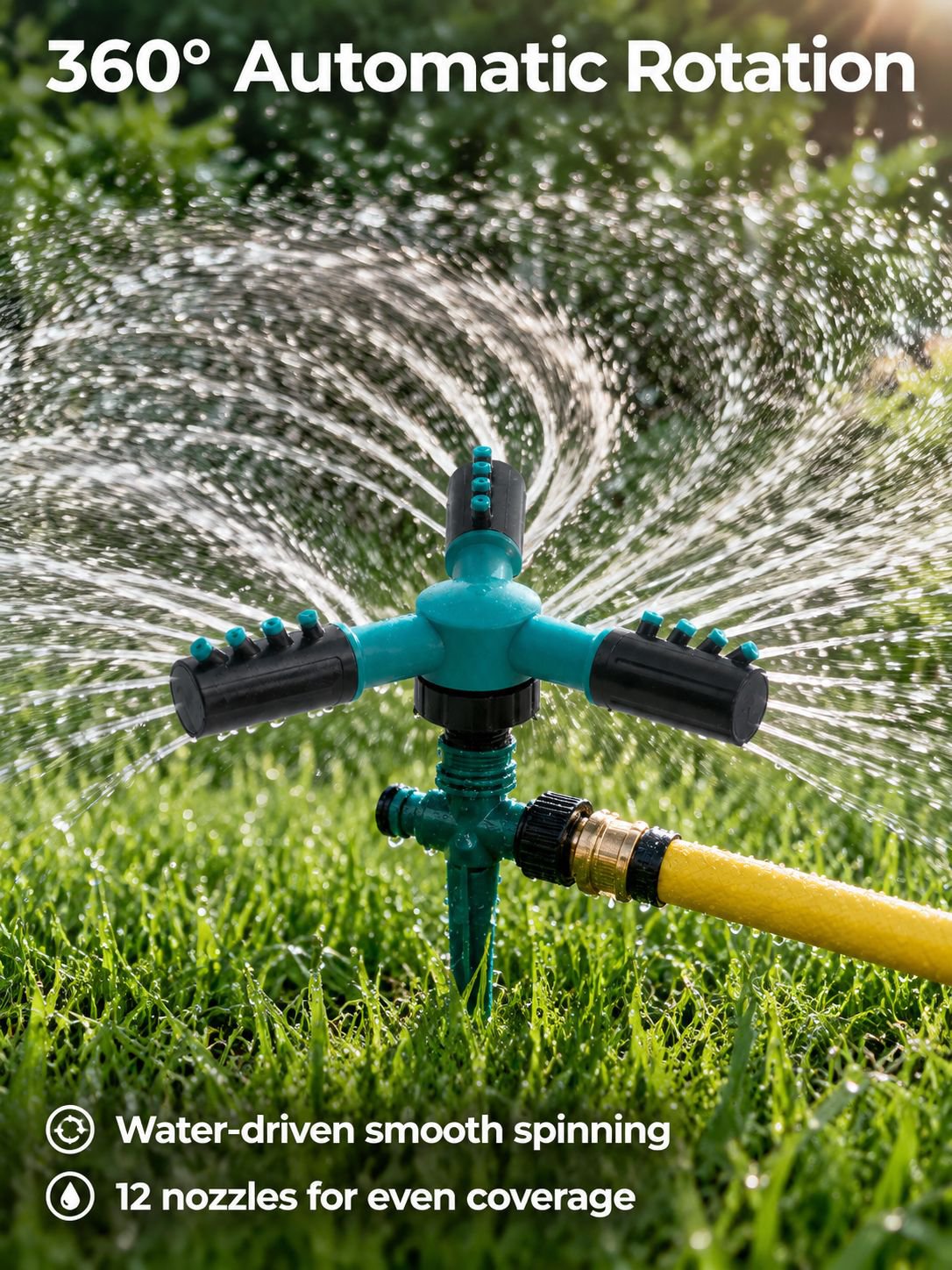 Triple-head sprinkler providing even water coverage on a lawn