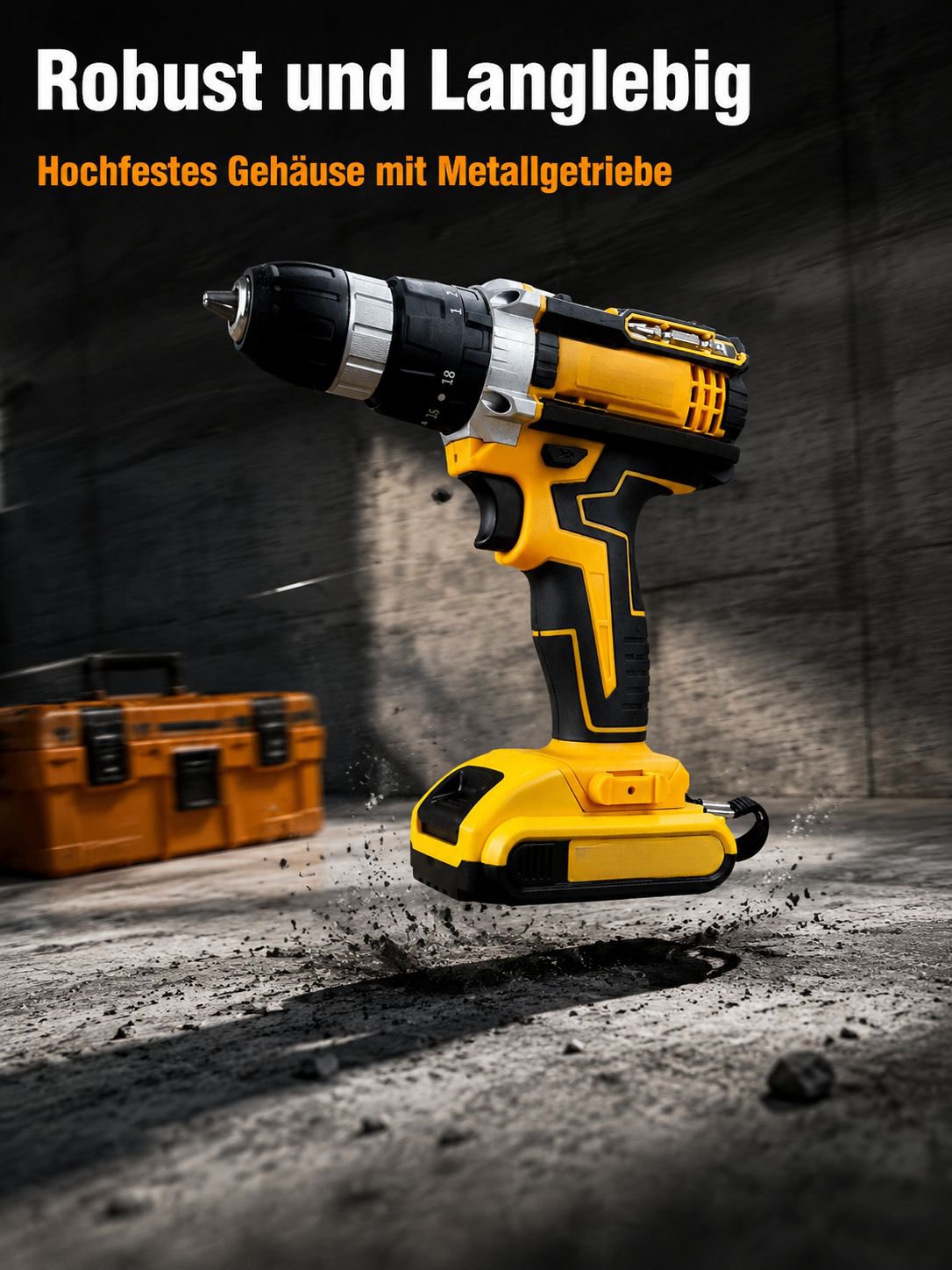 Gelbes Elektrowerkzeug-Set mit kabellosem Bohrschrauber