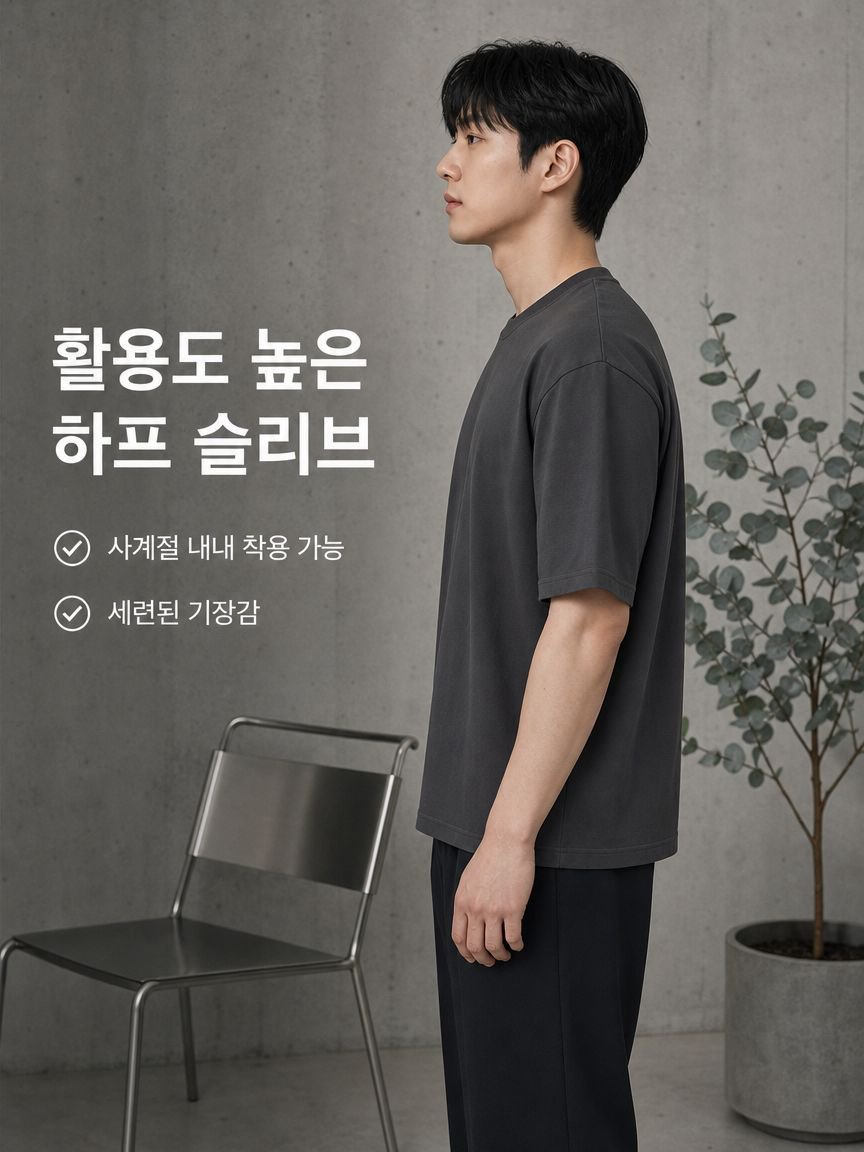 드롭숄더 5부 소매 헤비코튼 베이직 무지 티셔츠