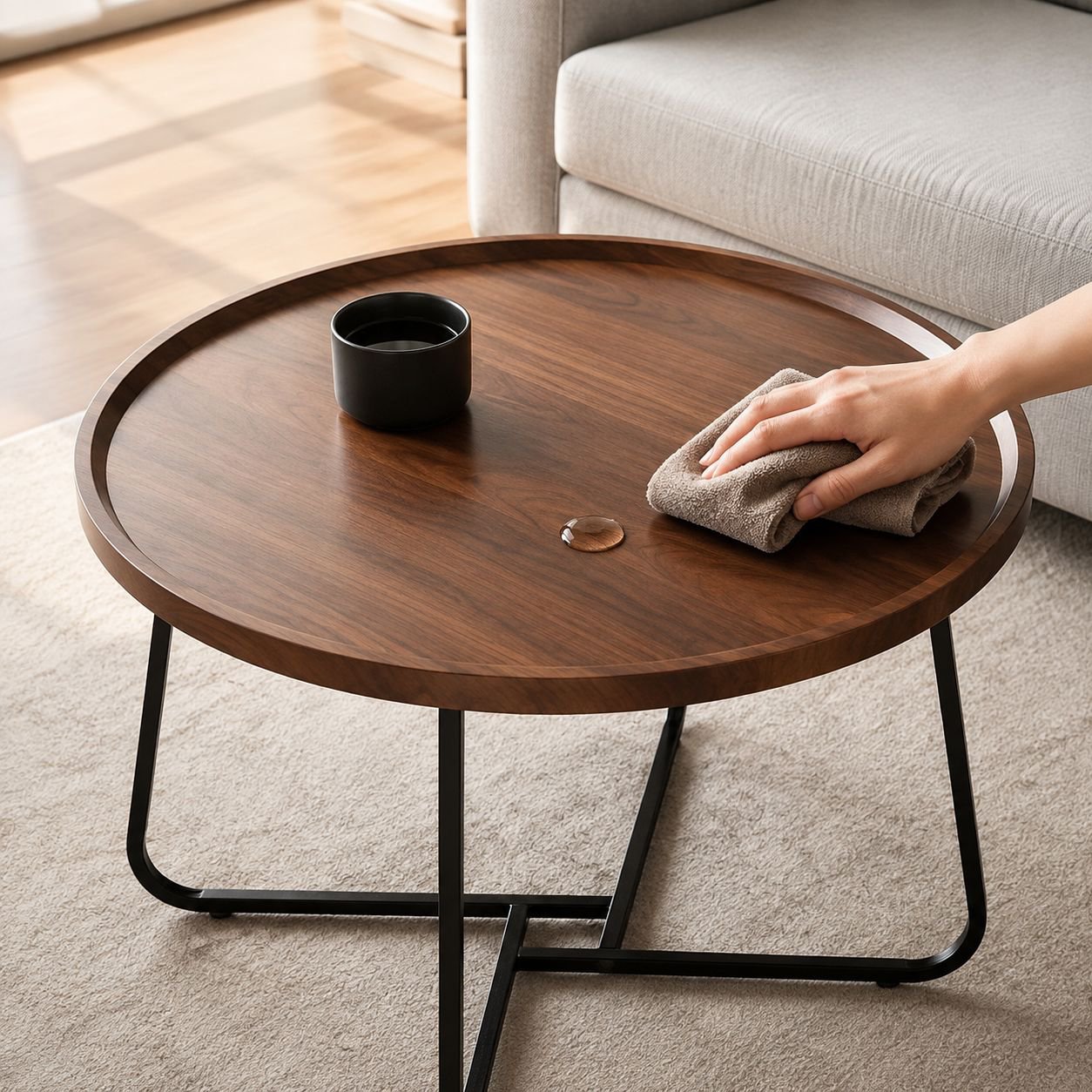 Detailansicht der Tischplatte des modernen Couchtischs