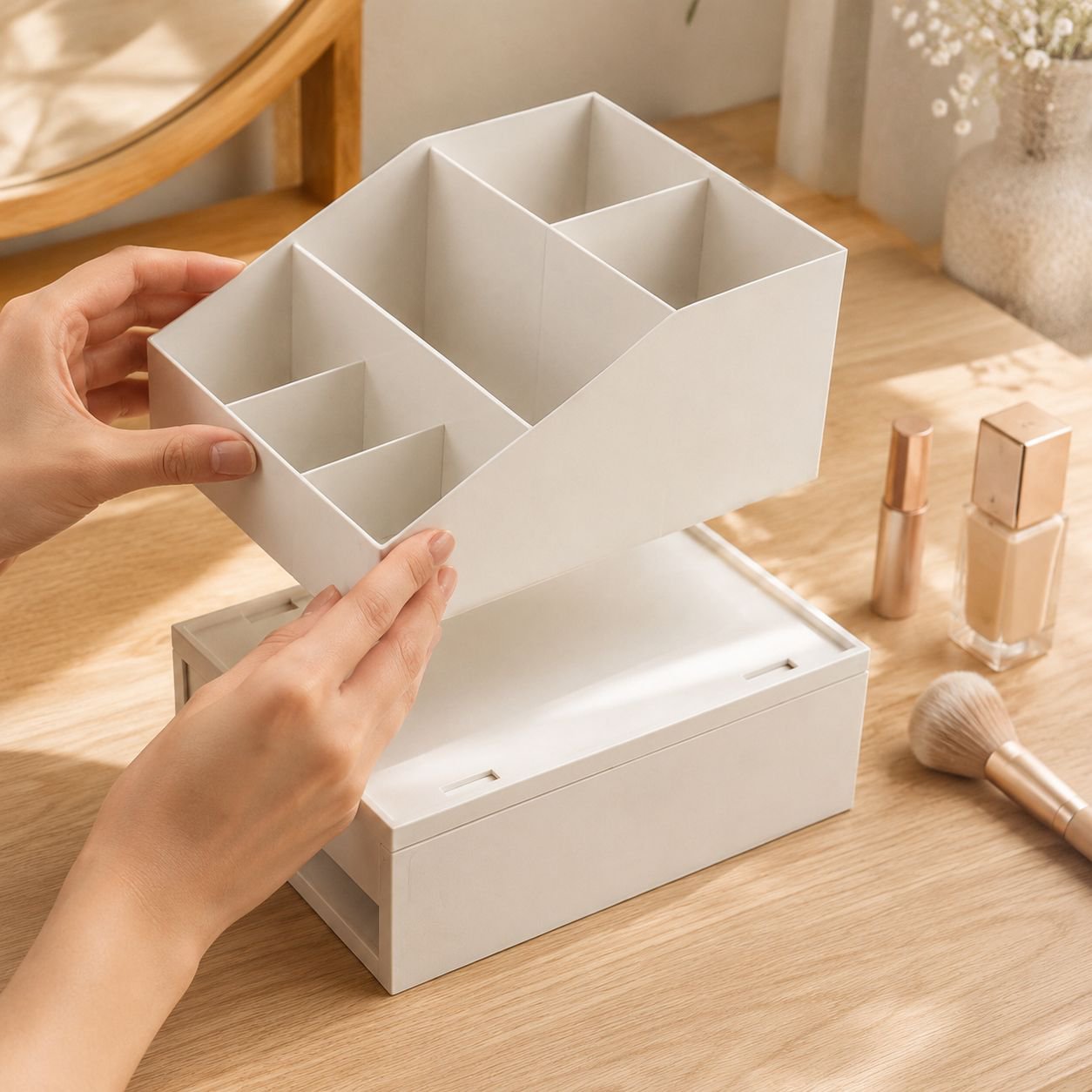 Side view of stackable storage drawers in use