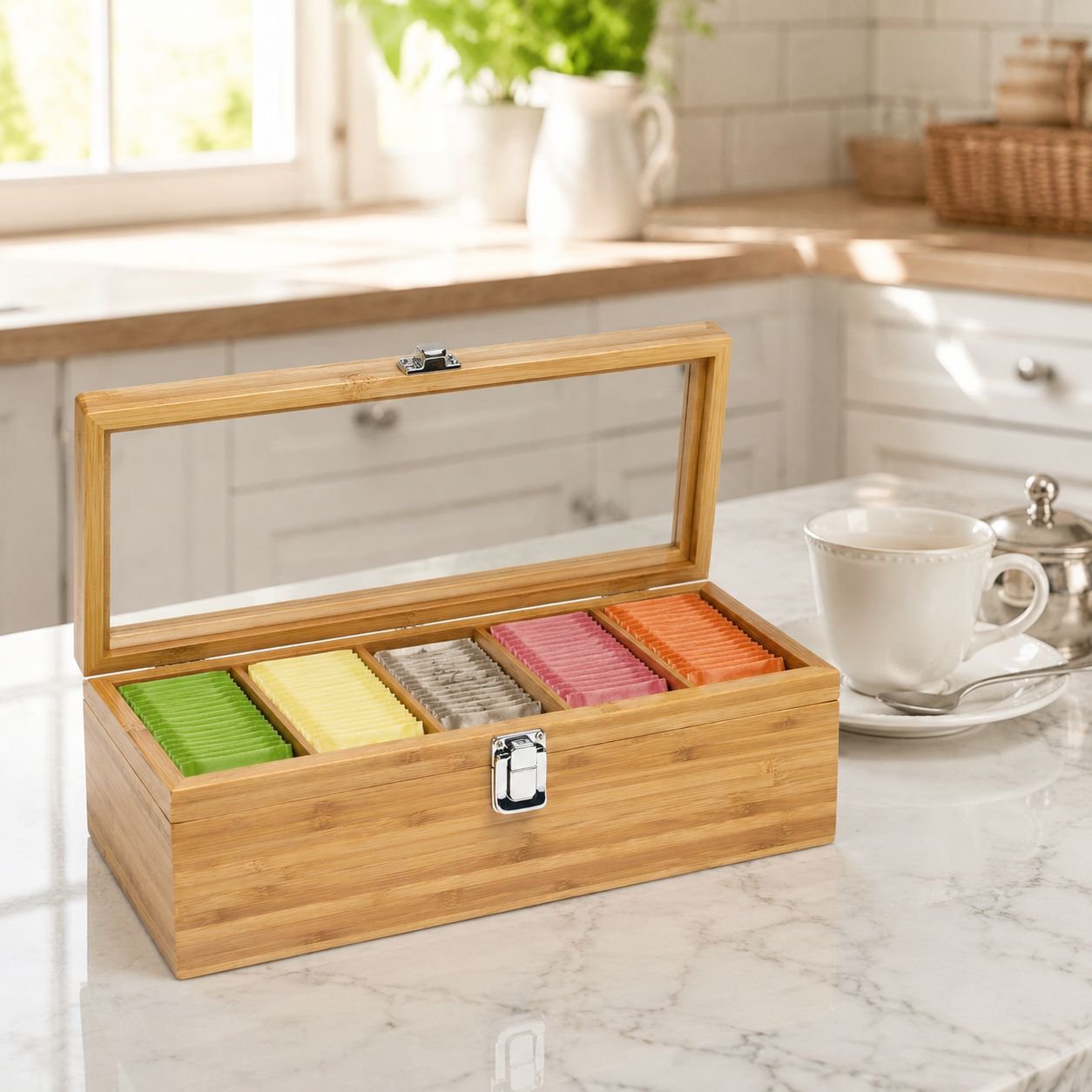 Wooden Tea and Coffee Storage Box Desktop Sundries Partition Rack