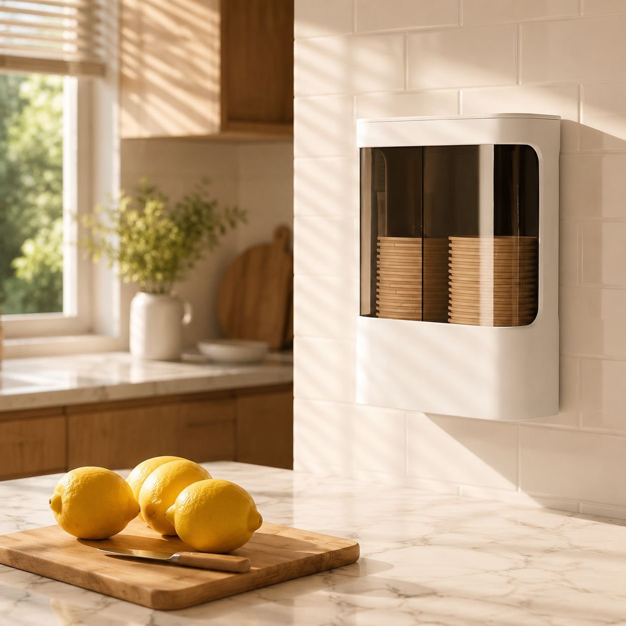 User taking a cup from wall-mounted dustproof dispenser