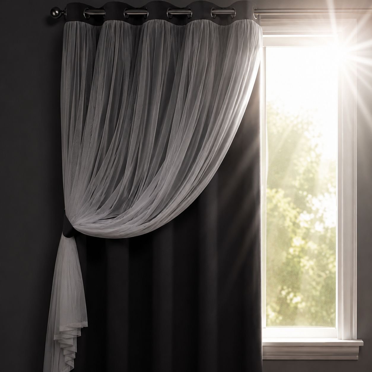 Finished Double Layer Blackout Curtain with Lace Trim