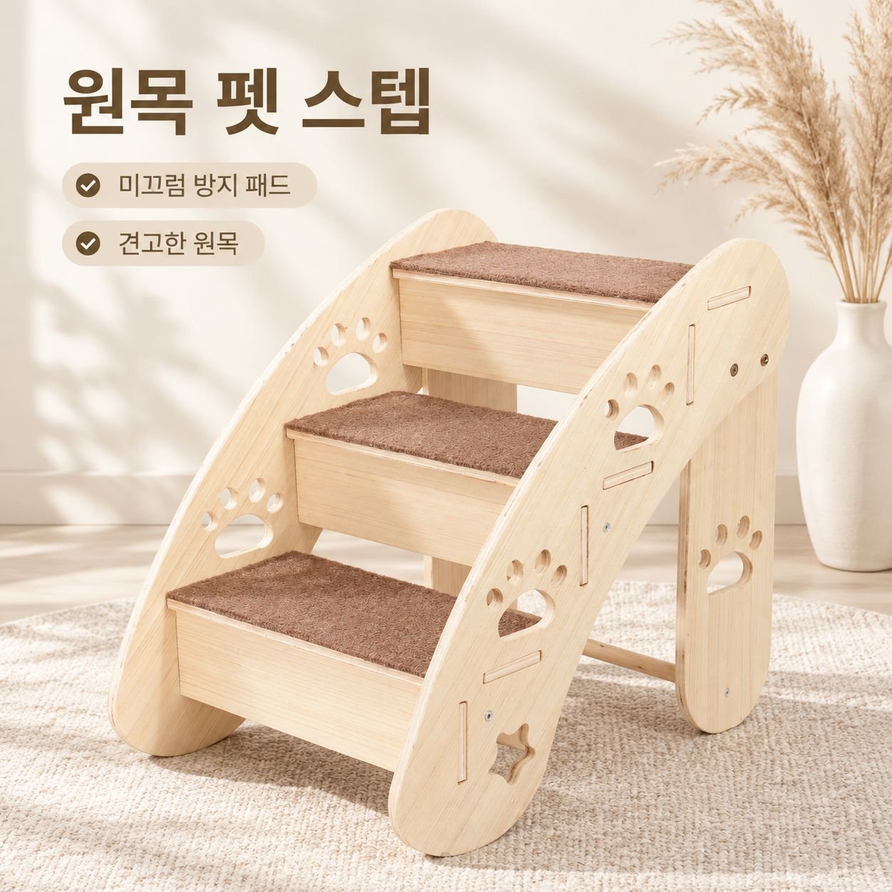 반려견의 침대 오르내리기를 돕는 원목 경사로/계단