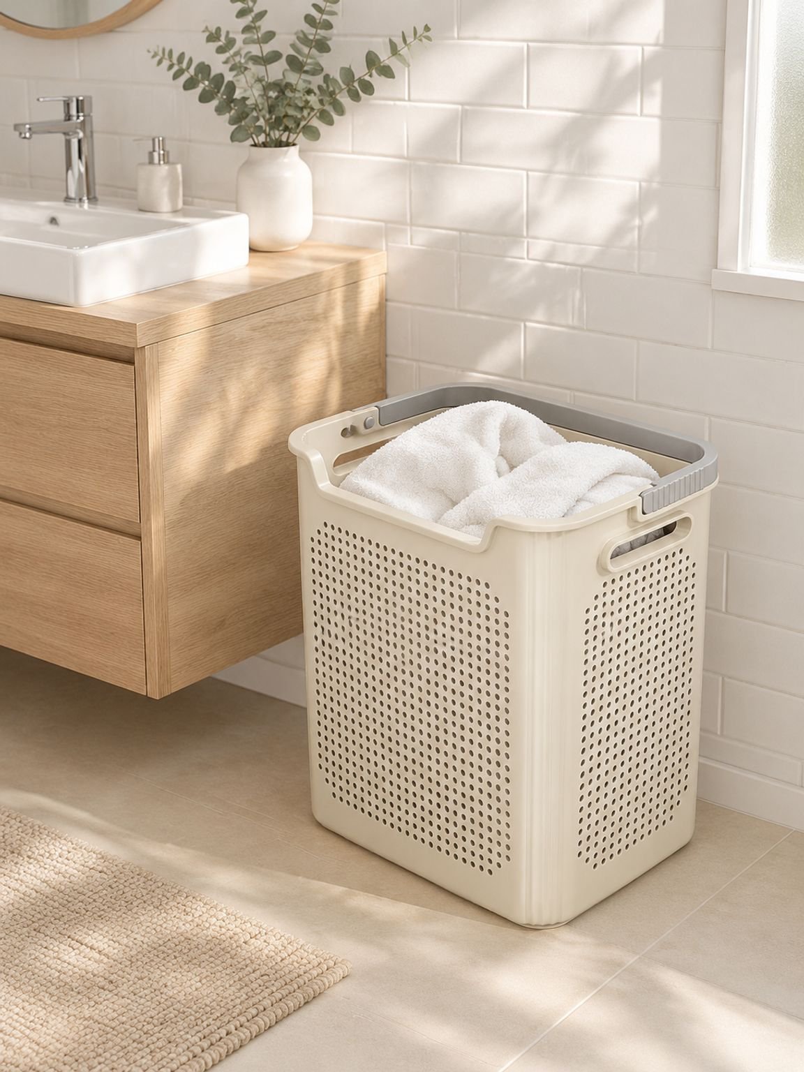 Corbeille à linge sale blanc crème