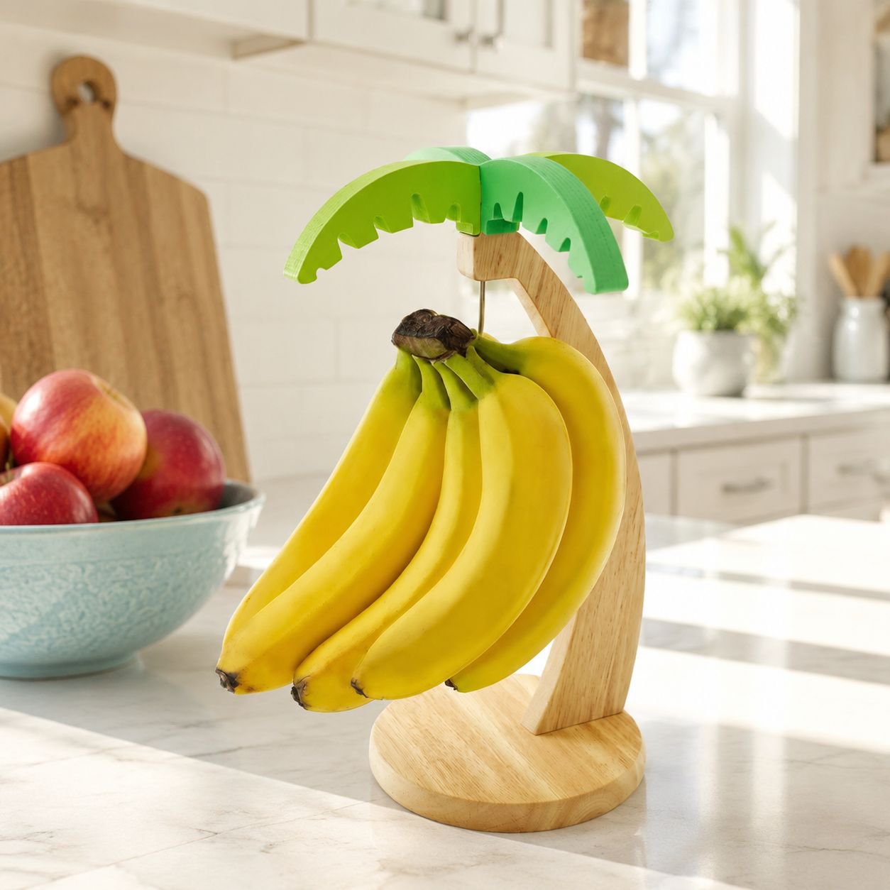 Solid wood banana and fruit storage display rack on home desktop