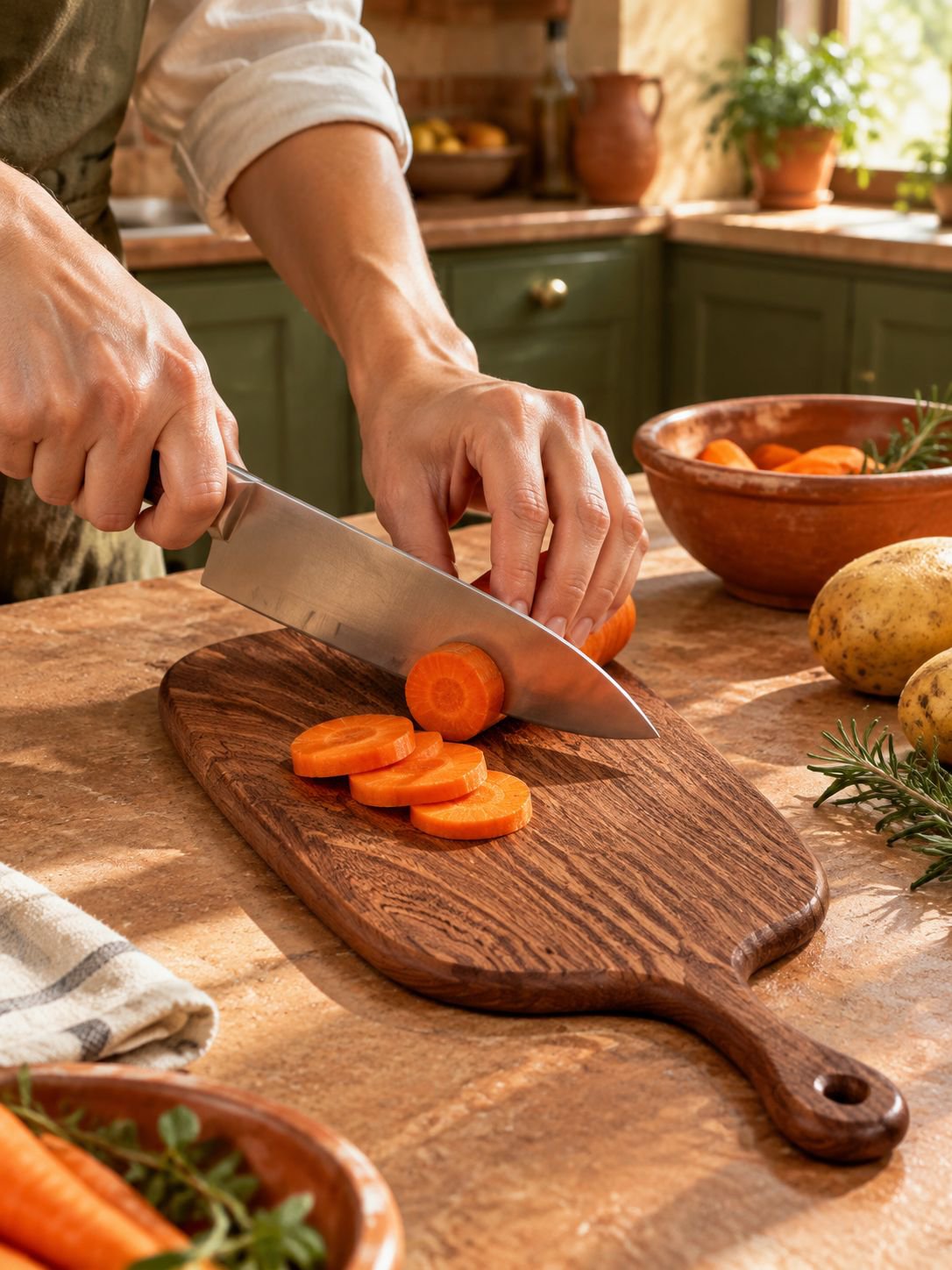 Superficie de madera para cortar pan y alimentos