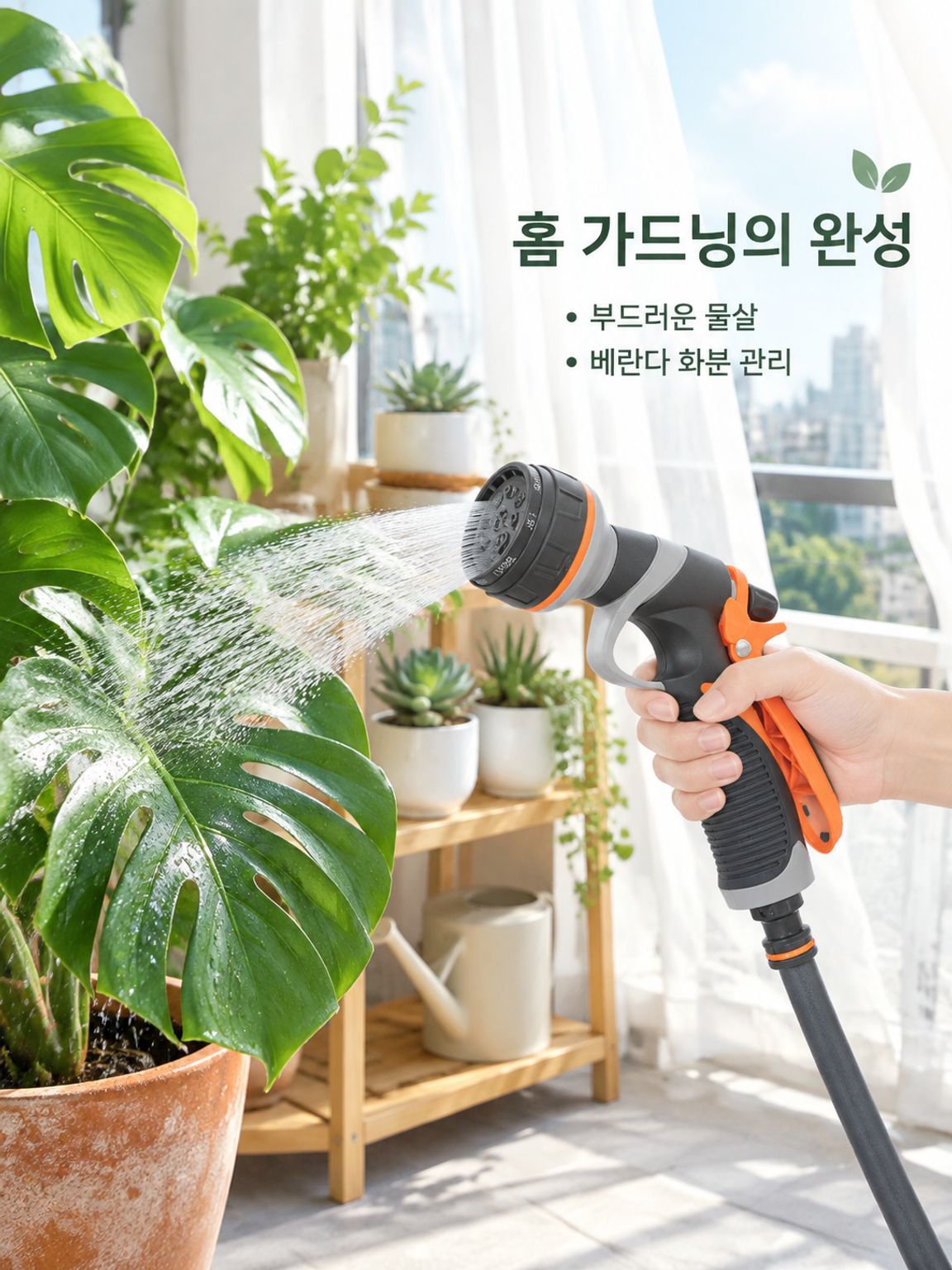 정원/세차용 ABS 고무코팅 8기능 분사건, 가정용 화원·정원·베란다 물뿌리개