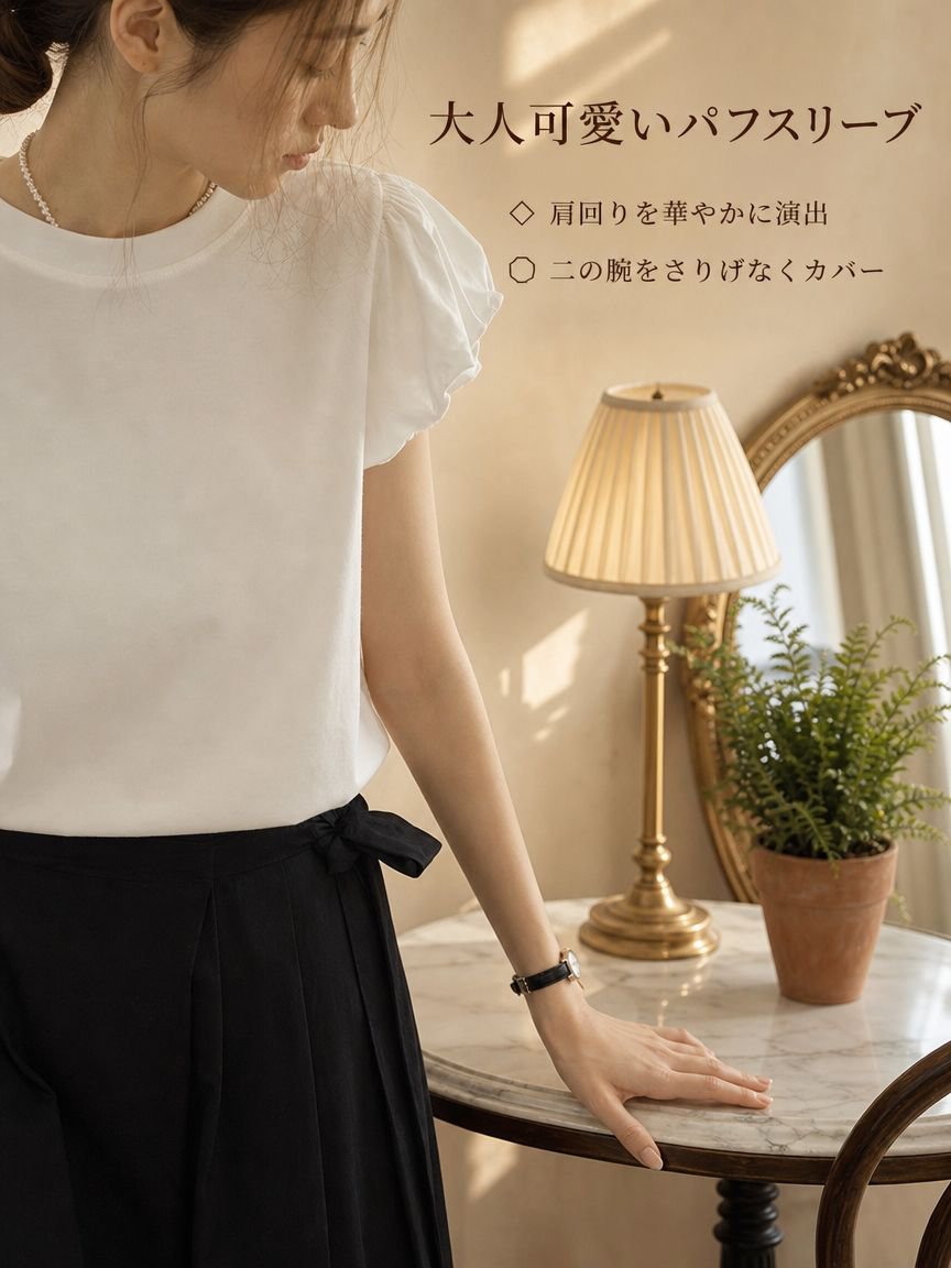 フレンチスタイルのパフスリーブラウンドネックTシャツ（レディース）、新作サマーデザイン、ユニークで洗練された、スリムに見えるトップス。