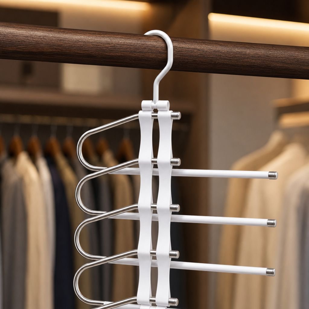 Perchero organizador de pantalones con varios pantalones colgados
