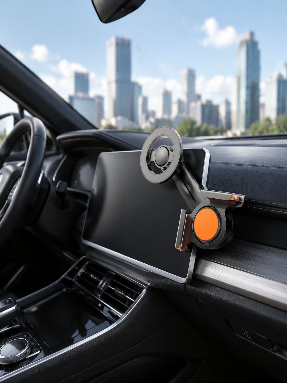 Magnetic car phone holder mounted on dashboard