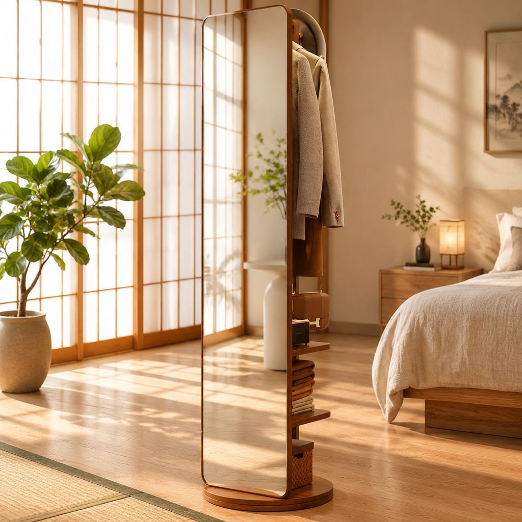 無垢材の回転式全身鏡 フロアミラー 家庭用・寝室用 ハンガー付きフィッティングミラー