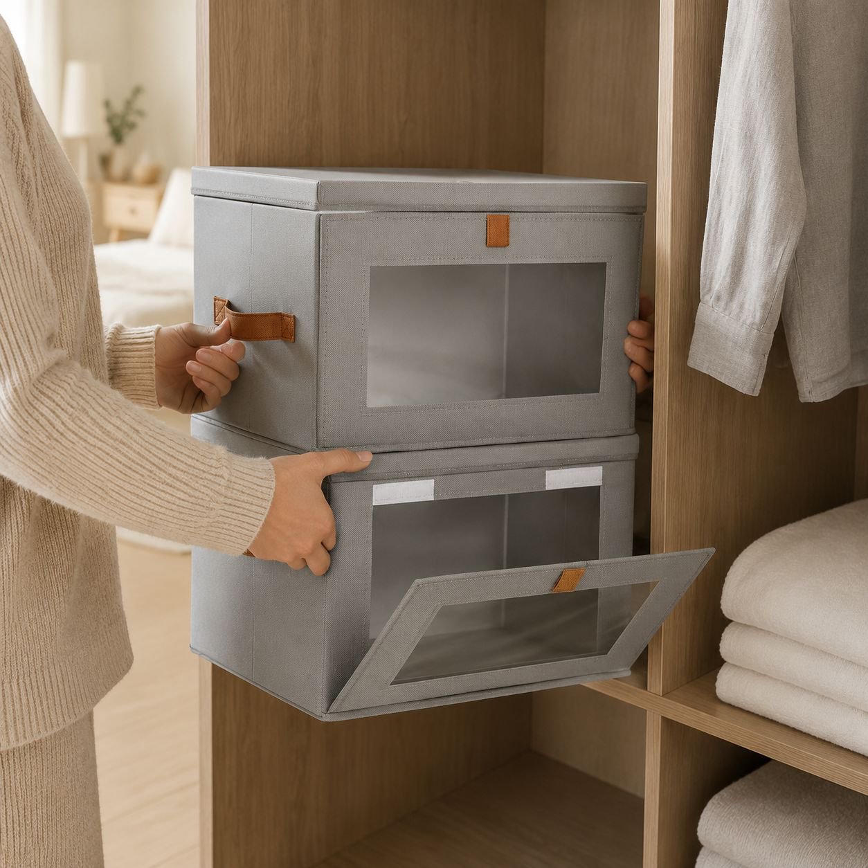 Seitlich öffnender Kleiderorganizer mit Klappdeckel und Sichtfenster für den Kleiderschrank
