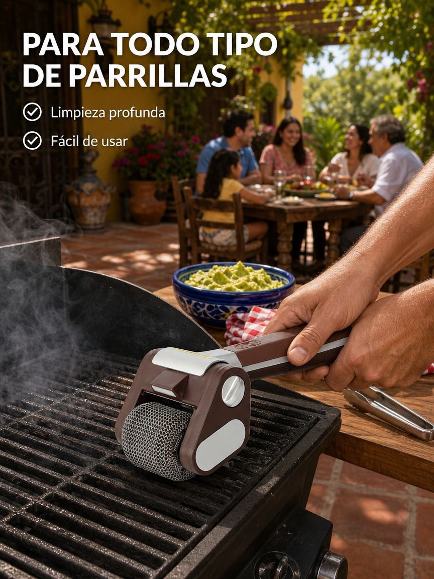 Cepillo limpiador de parrillas con rodillo de acero inoxidable