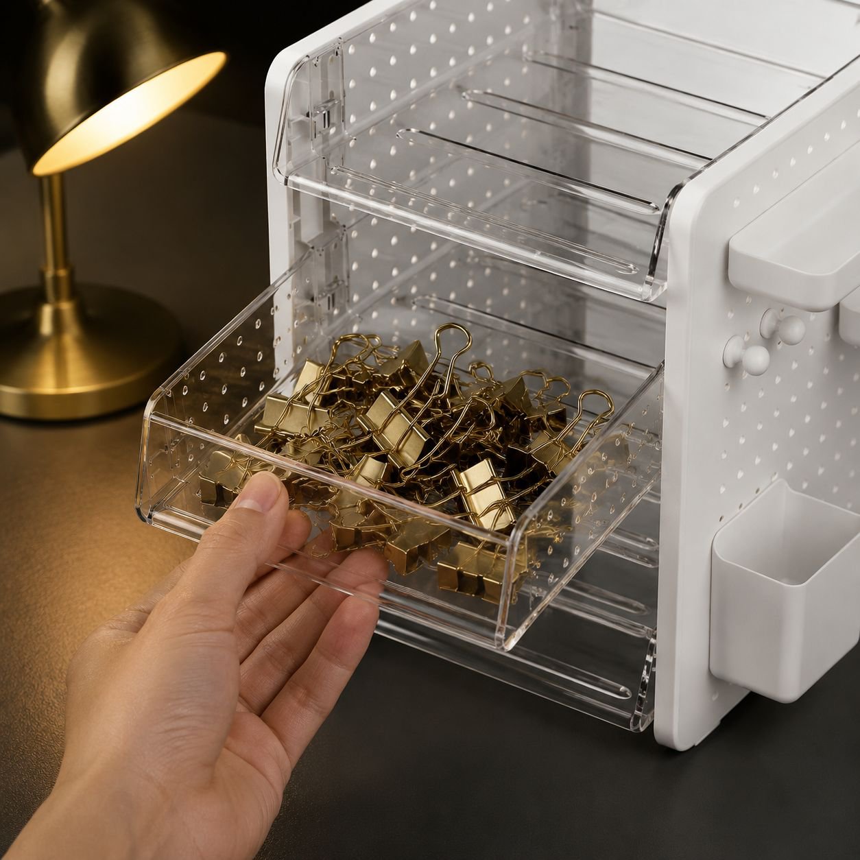 Pegboard storage box keeping desk tidy and neat