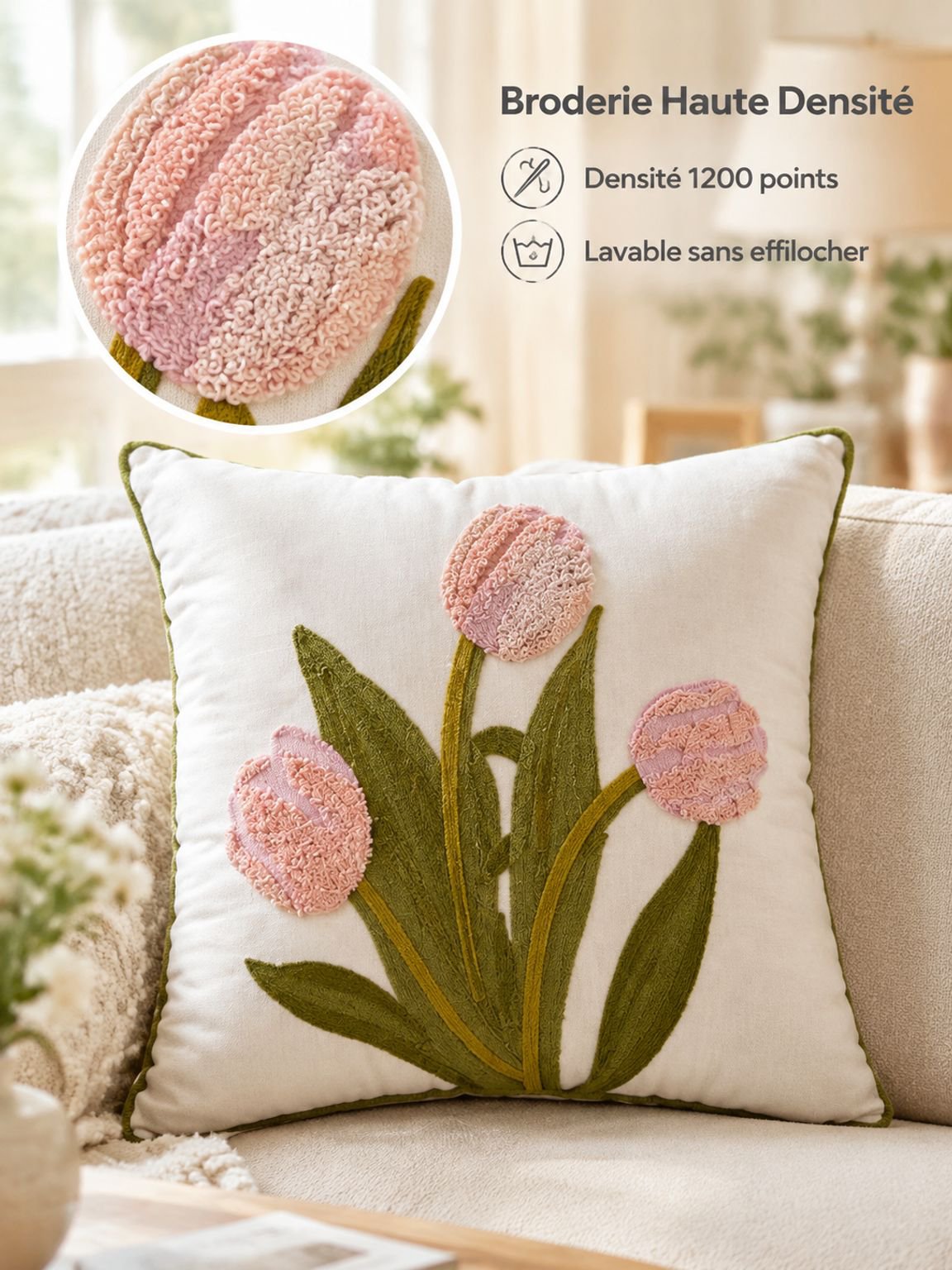 taie d'oreiller brodée de fleurs