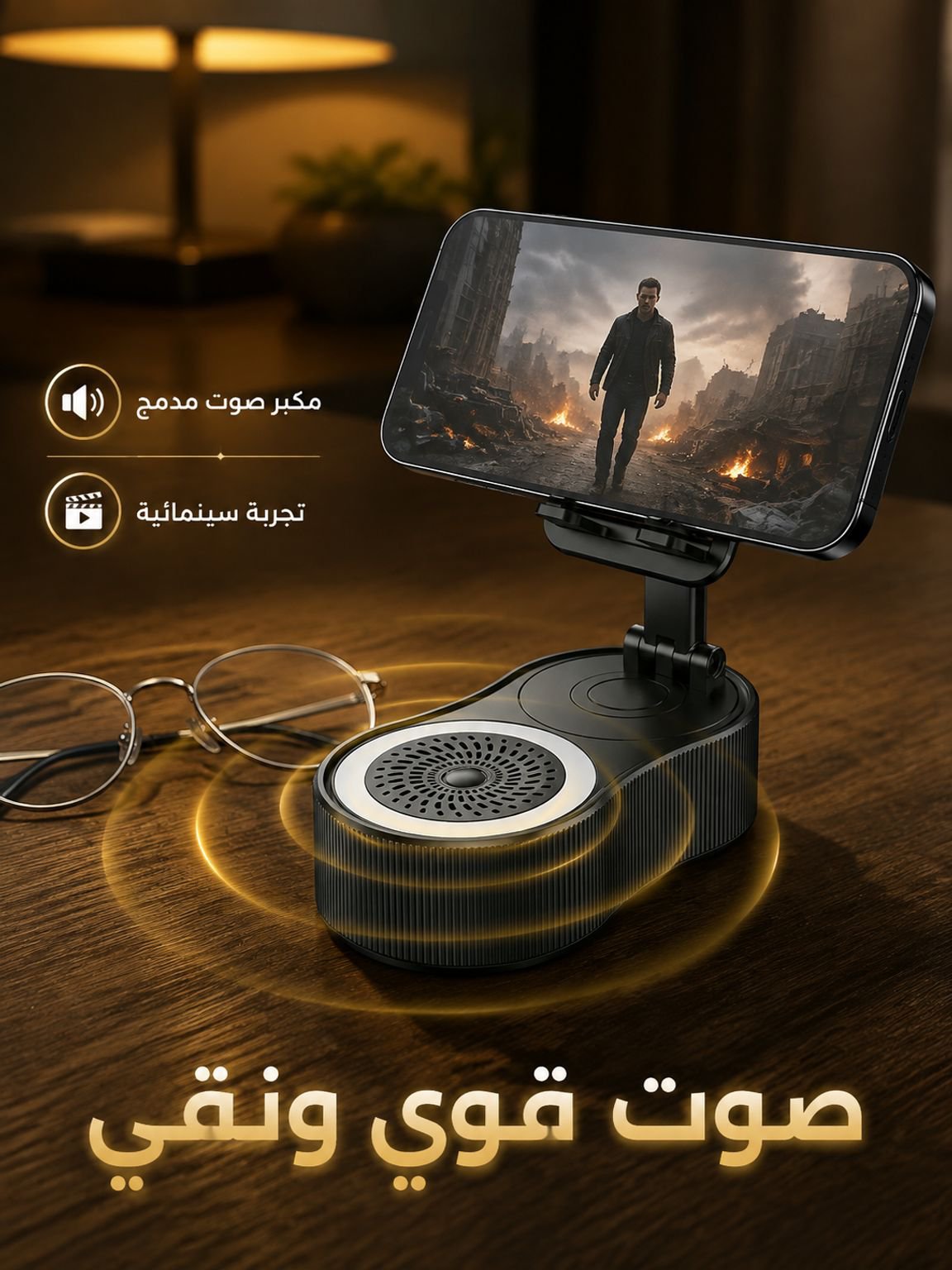 مكبر صوت بلوتوث مع حامل هاتف دوار 360 درجة وقابل للارتفاع، مكبر صوت صغير محمول مزود بإضاءة محيطية