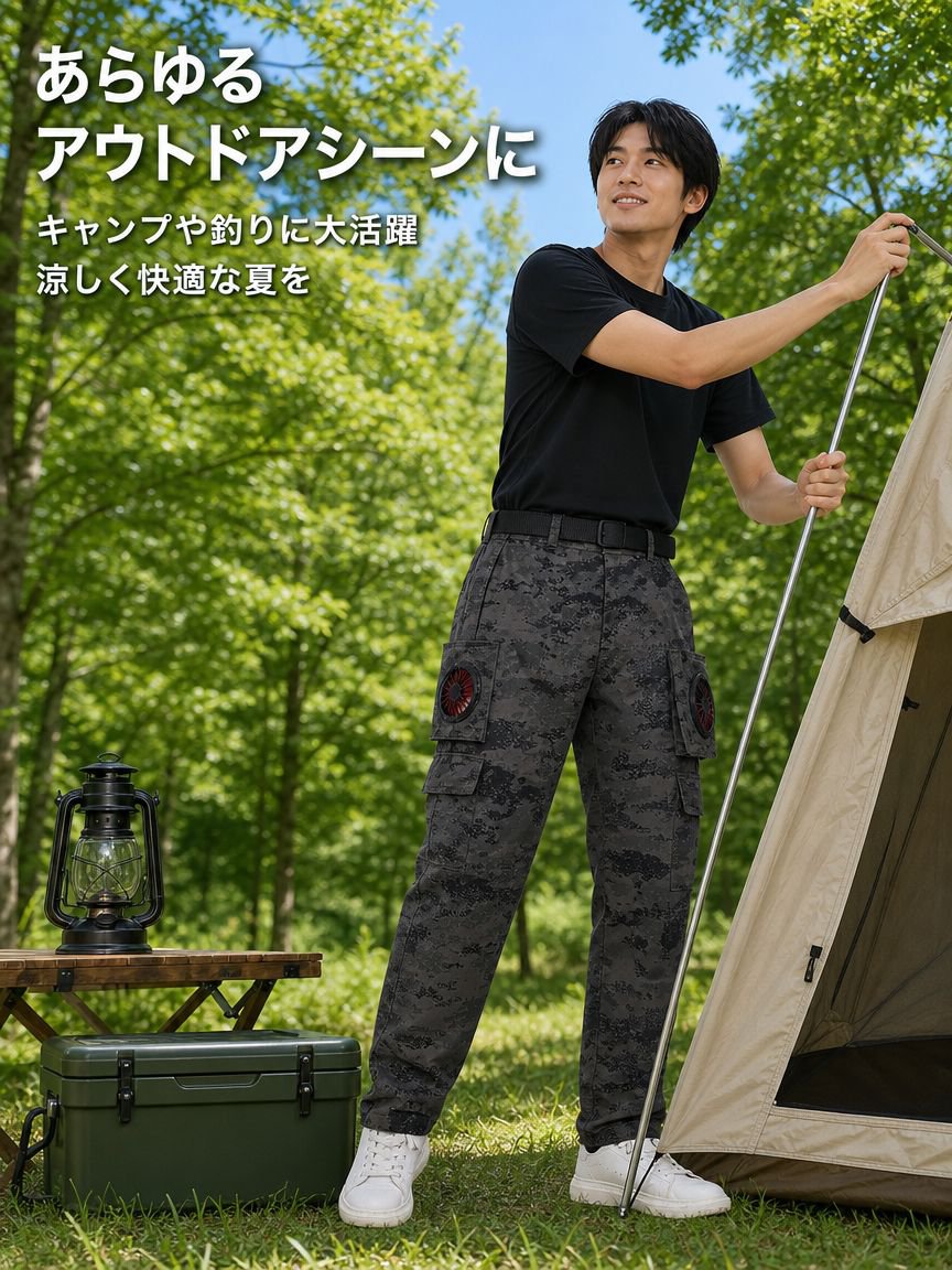 アウトドア用猛暑対策3秒急速冷却ファン付きメンズパンツ