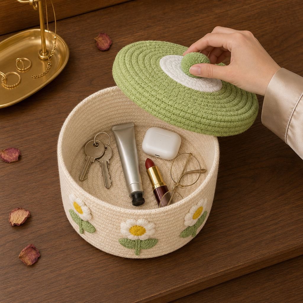Panier de rangement écologique en coton sur une étagère
