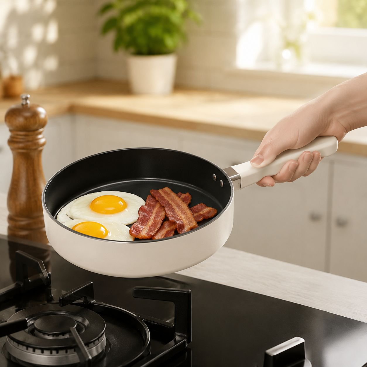 Non-stick fluoride coated pan with stable handle