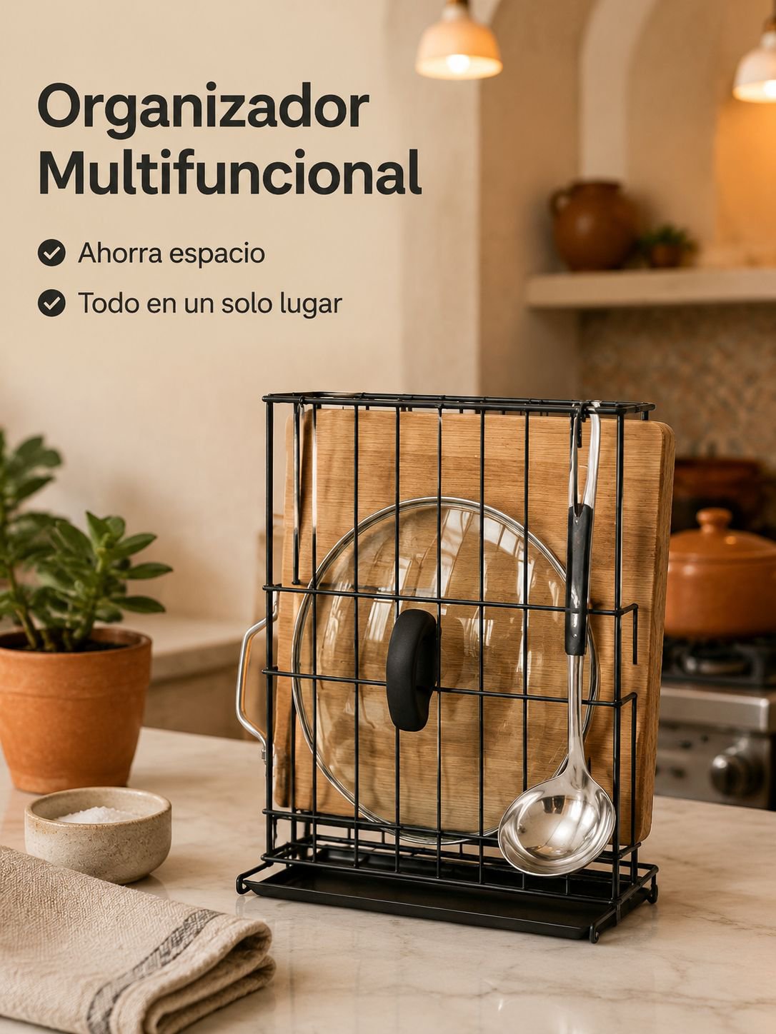 Soporte para cucharas y set de tabla para picar
