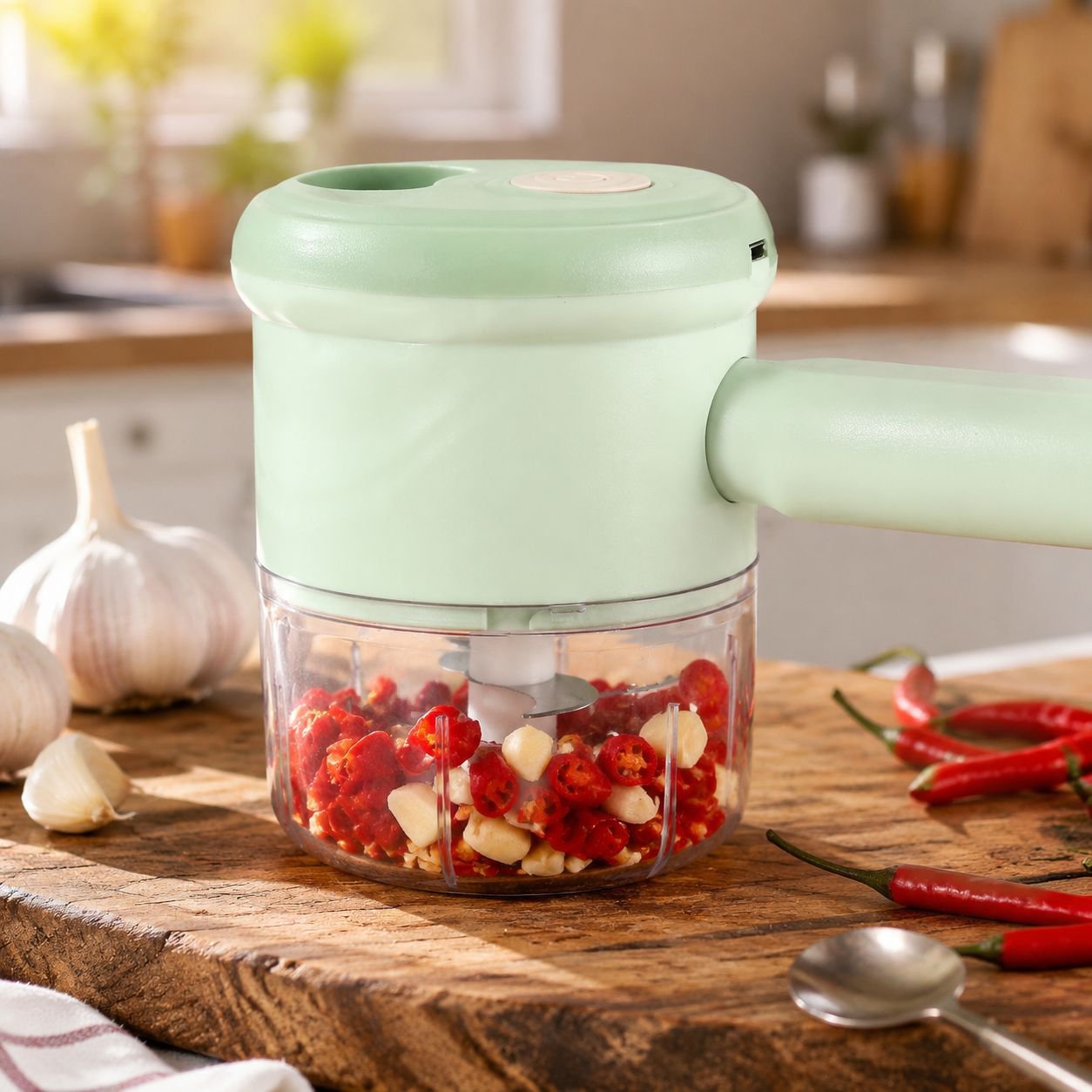 Chopping fruits and vegetables with electric kitchen set