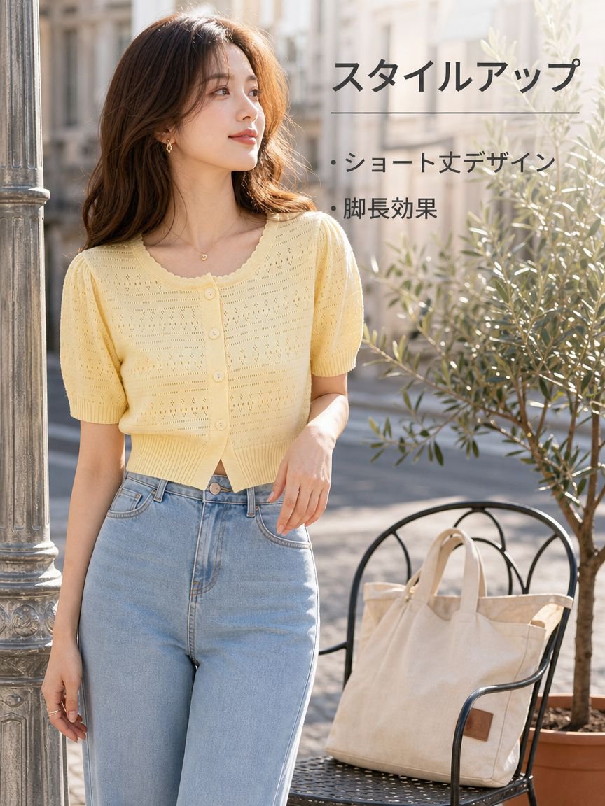 フレンチシックで若々しいイエローの半袖ニットカーディガンは、女性のための新しい夏のスタイル。ファッショナブルで美しく、個性的なショートトップスです。