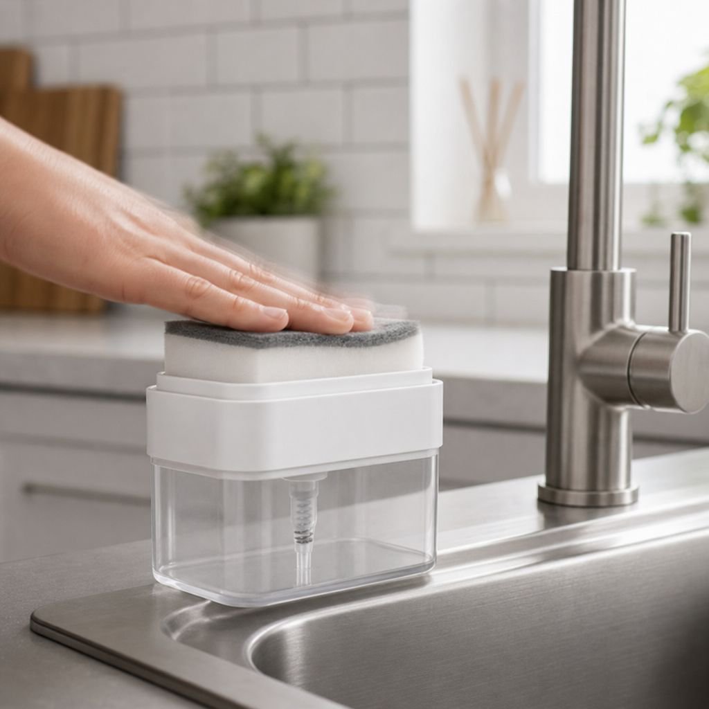 Space-saving soap box for kitchen sinks