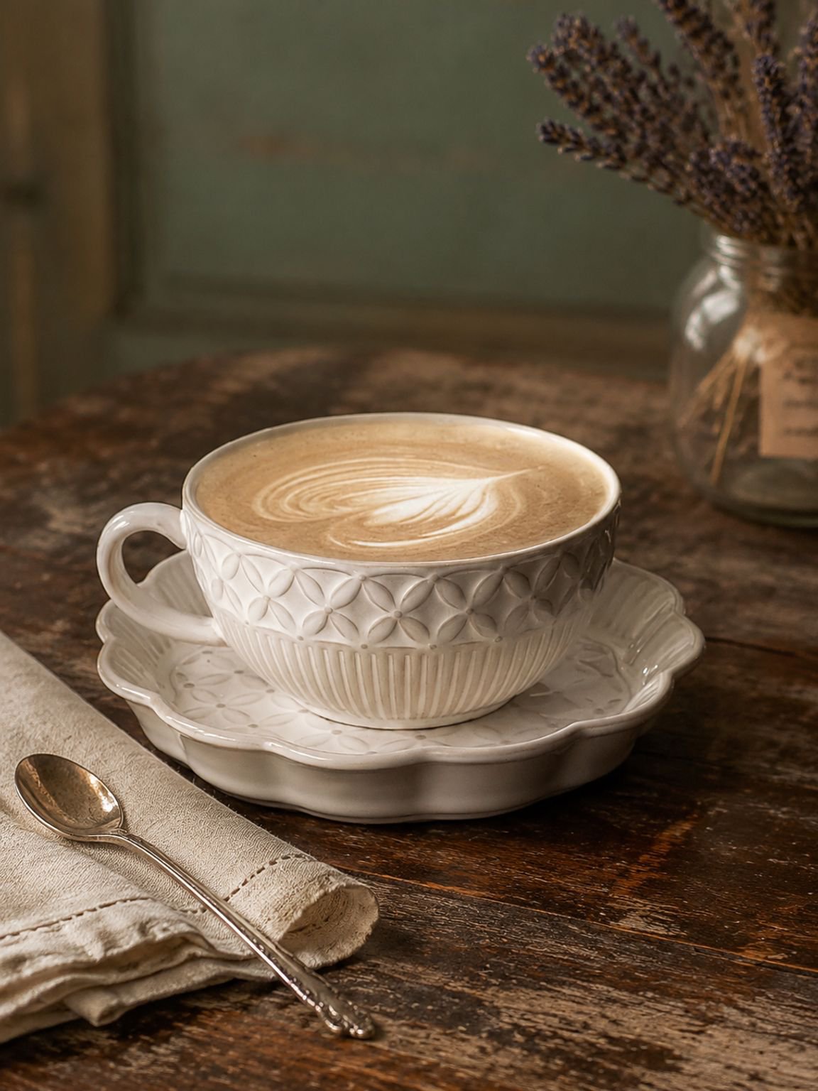 Close-up of the detailed embossed design on a French-style coffee cup