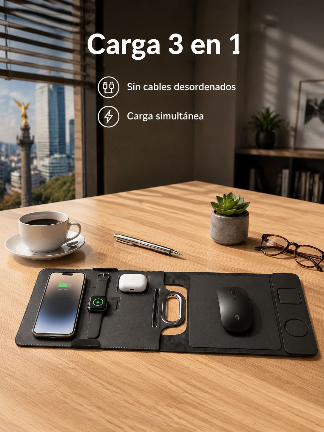  Cargador inalámbrico magnético para teléfonos  auriculares, relojes  mousepad de cuero