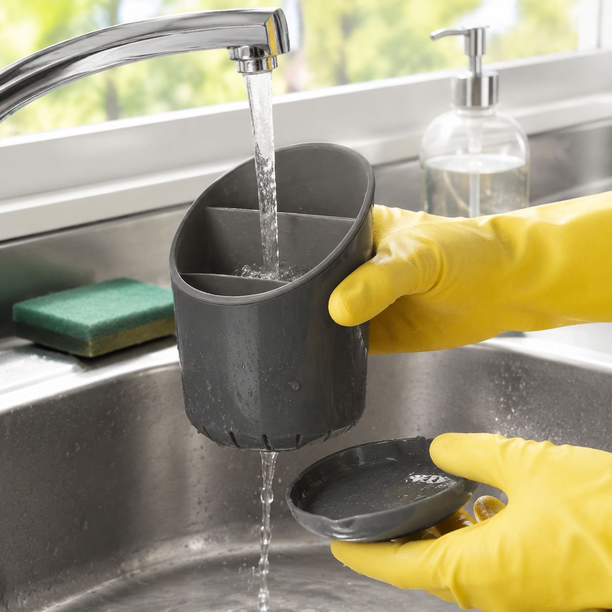 Space-saving cutlery tray with efficient drainage system